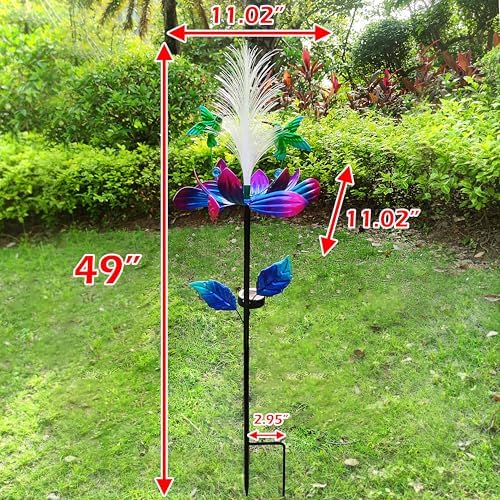 Solar Hummingbird Wind Spinners, Solar Firework Lights Garden Décor, Metal Lotus Flower Windmill Colour Changing Optical Fiber Lights Yard Decoration, Outdoor Wind Sculpture for Lawn Patio,Balcony - Image 4