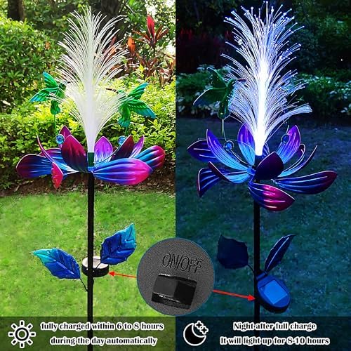 Solar Hummingbird Wind Spinners, Solar Firework Lights Garden Décor, Metal Lotus Flower Windmill Colour Changing Optical Fiber Lights Yard Decoration, Outdoor Wind Sculpture for Lawn Patio,Balcony - Image 6