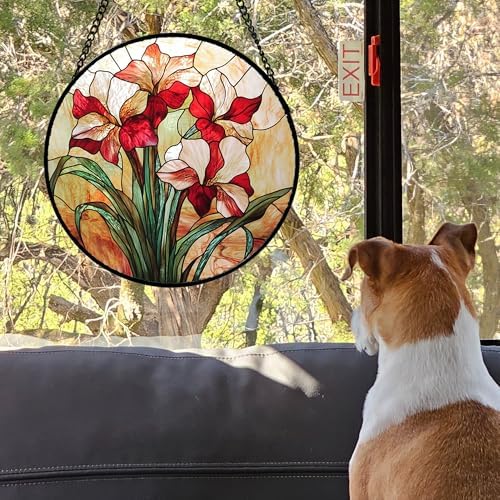 Red Flowers Green Leaves Stained Glass Window Hanging Suncatcher Gifts 9.8" - Image 4