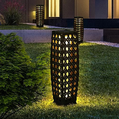 Solar Floor Lamp, Outdoor Floor Lamp Lanterns Outdoor Waterproof, Solar Powered Resin Wicker Lamp, Weather-Resistant Rattan Deck Light for Porch, Garden, Patio by OLYMSOLD