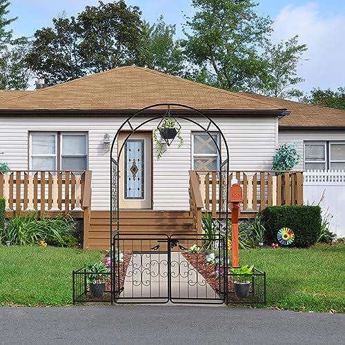 Garden Arbor with Gate and Planter, 7FT Wedding Arches for Ceremony, Metal Arbor Trellis for Climbing Plants Outdoor, Black Garden Archway for Lawn, Patio and Backyard, Includes Ground Stakes - Image 2