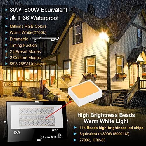 LED Flood Light Outdoor, 800W Equivalent 8000LM Smart RGB Stage Lights, Bluetooth RGB Colors+Warm White 2700K - APP & Group Control & Timing,IP66 Waterproof US 3-Plug Color Changing Strobe Lighting - Image 2