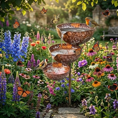 Rain Catcher Bird Bath Tiered, 3 Tiered Rain Catcher Birdbath Copper Patina, Rust Patina Metal Rain Catcher Garden Stake with Water Bowl, Bird Water Bowl Feeder for Yards,Lawns,Gardens Decoration (B) by lfjfaecx