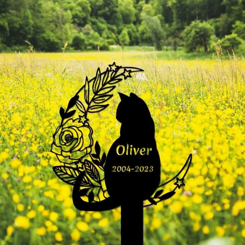 DINOMAN Personalized Cat Memorial Stake Cat Sitting on Floral Moon 12x12 inch Grave Marker Cat Loss Gift Sympathy Gift for Cat Lover (Cat) - Image 4