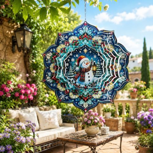 Shwing 12 Inch Wind Spinner Hanging Wind Sculptures Christmas Snowman Metal Decor Double Sided Outdoor Kinetic Garden Art 3D Wind Spinner Hanging Ornament for Patio Porch Balcony Backyard Tree Decor by Unknown