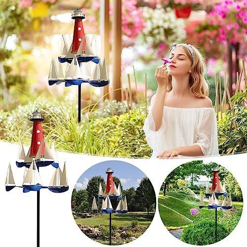 Kinetic Art Wind Sculpture - Summer Lighthouse Sailboat Windmills, Nautical Art Garden Windmills, Large Metal Sailboat Wind Spinners Decor for Outdoor Yard and Garden (1pc) - Image 2