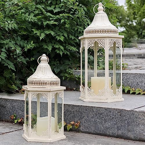NEEDOMO Lanterns Decorative Outdoor & Indoor, Set of 2 Outdoor Lanterns for Porch,Large Candle Lantern, Beige Metal Frame with Glass for Fall, Christmas by NEEDOMO-LightUpYourSpace