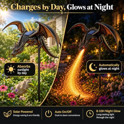 2027 New Solar Dragon Fire Garden Light, Dragon Garden Statue Stake with Breathing Fiber Optic Flame, Weatherproof Solar Outdoor Decor for Lawn, Pathway, Flower Bed & Patio (3PCS) - Image 4