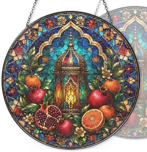 Stained Glass Window Hanging Lantern and Pomegranate Sun Catchers Colorful Mediterranean Fruit Glass Art Suncatchers for Living Room Garden Outdoor Indoor and Home Decor (9.8x9.8 in) by Unknown