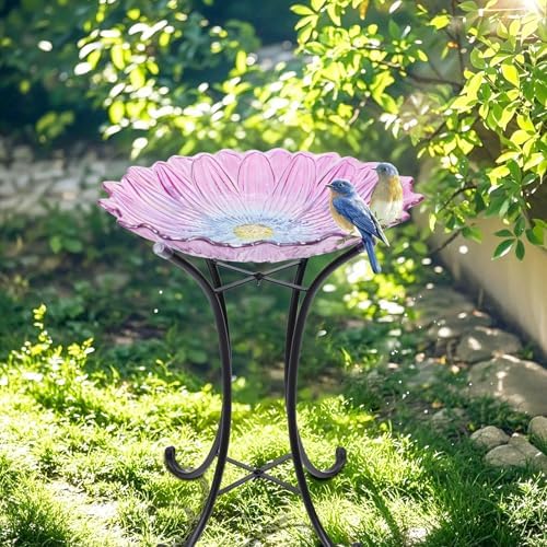 MUMTOP Outdoor Glass Bird Bath with Metal Stand for Yard Garden Decor, Pink - Image 6