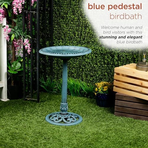 Alpine Corporation TEC116BL Pedestal Birdbath with Scrollwork Base and Ground Stakes, Décor for Lawn & Garden, 28" H, Blue - Image 4