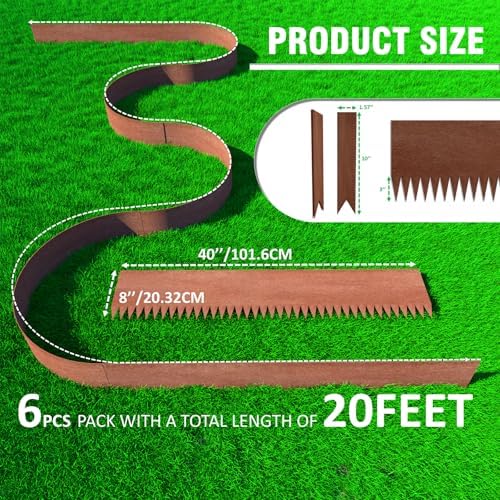 20ft. 6-Pack Cor-Ten Steel Landscape Edging - 40" L x 8" H Lawn Edging with 6 Stakes, Hammer-in Metal Garden Border for Landscaping, Lawn & Yard (Rusted) - Image 2