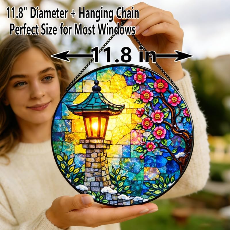 Stained Glass Window Hanging Suncatcher 11.8 in Sakura Lantern Colorful Glass Panel Sun Catcher for Window,Floral Garden Light Window Hanging Decor for Home,Housewarming Gift - Image 6