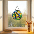 Stained Glass Window Hanging Suncatcher 11.8 in Butterfly and Yellow Flower Colorful Glass Panel Sun Catcher for Window,Bright Nature Window Hanging Decor for Home,Housewarming Gift - Image 2