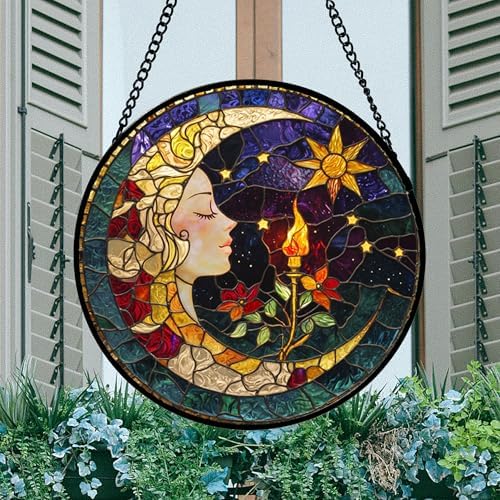 Moon Goddess and Rose Stained Glass Window Hanging Suncatcher Gifts 15" - Image 3
