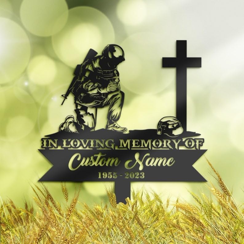 DINOMAN Personalized Memorial Plaques for Outdoors Soldier Kneeling at Cross Grave Marker Metal Garden Stakes Soldier Memorial Gifts Sympathy Gifts for Loss of Loved One (Soldier) - Image 4