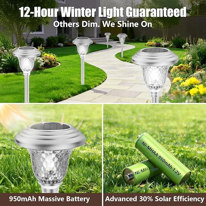 BEAU JARDIN 8 Pack Solar Pathway Lights White+ Color Changing Stainless Steel 3 Mode Outdoor Multicolor Metal Solar Powered Waterproof Glass for Garden Landscape Path Yard Walkway Driveway Silver - Image 5