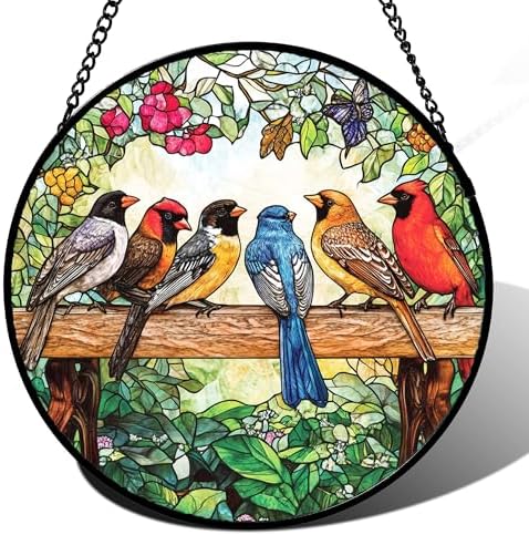 CHATYOUNG Stained Glass Window Hanging Cardinal Gifts Flower Large 11.8" - Birds Suncatcher Door Garden Home Decor and Christmas Mother's Day Birthday Gift for Grandma Nana Women Mom Wife Friend by CHATYOUNG