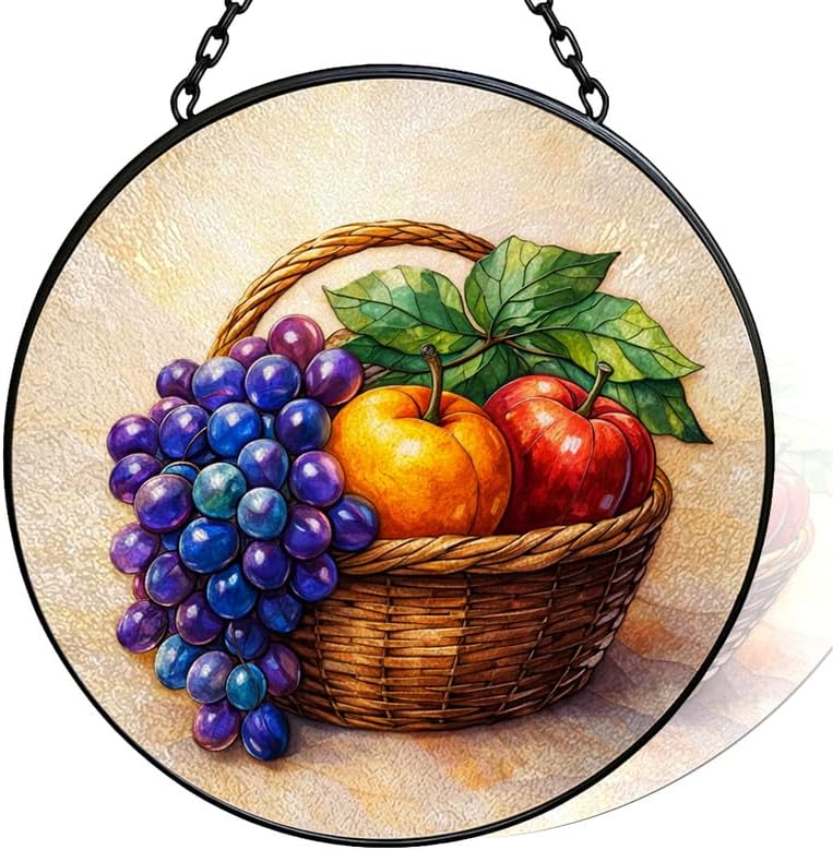 Stained Glass Window Hanging - 11.8" Fruit Basket with Grapes and Apples Suncatcher Glass Panel, Home Decorative Hanging Ornament for Kitchen or Garden, Ideal Gift for Mother, Wife or Women by Vexila