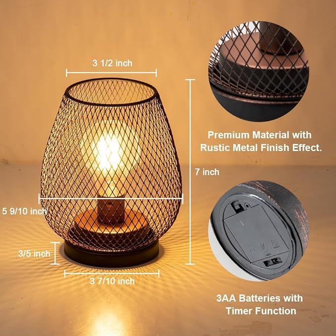 Set of 6 Battery Operated Lamp LED Table Lantern, Brown Metal Cage Cordless Lamps with LED Bulb，Vintage Decorative Outdoor Lantern for Weddings, Parties, Patio, Events for Indoors Shelf Decor - Image 3