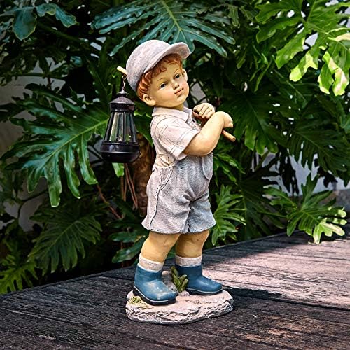Solar Boy Statue, Boy Garden Statues with Solar Lantern for Garden, Patio, Lawn, Yard, Housewarming, Hand-Painted Sculpted Figure, 17.5”H by Floryden