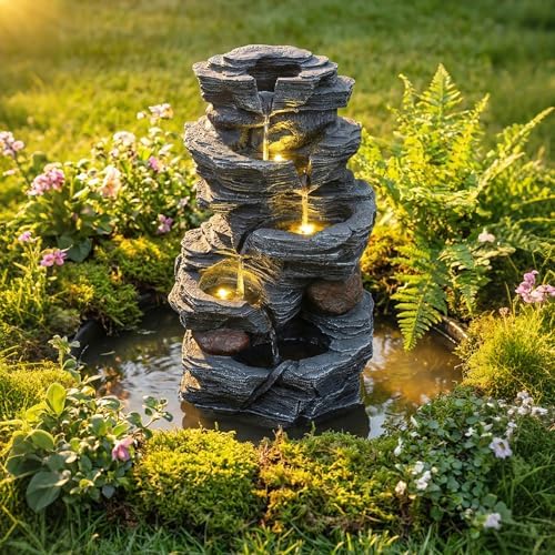 Giantex 5-Tier Water Fountain Outdoor, 18 Inch Cascading Stacked Stone Waterfall Fountain with Lights & Pump, Outside Zen Water Feature for Patio, Balcony, Deck, Garden, Yard Decor by Giantex