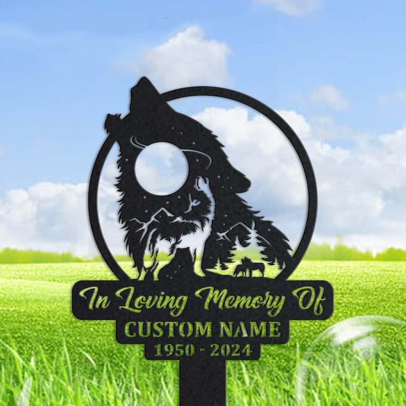 DINOMAN Personalized Memorial Plaques for Outdoors Mountain Night Scene Wolf Grave Marker Metal Garden Stakes Wolf Lover Memorial Gifts Sympathy Gifts for Loss of Loved One (Wolf) by DINOMAN