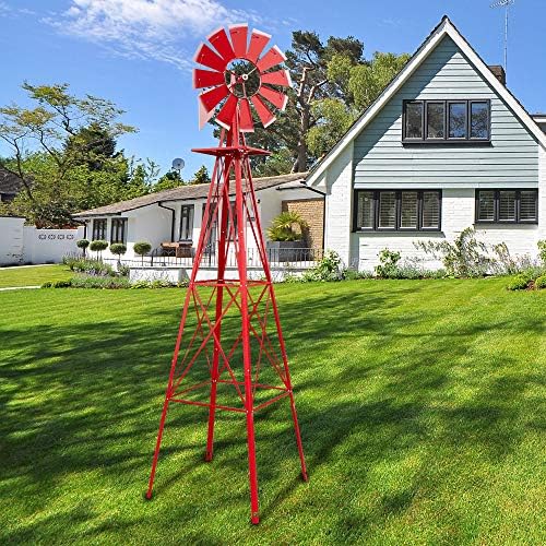 Garden Windmill - 8ft Decorative Metal Windmill with Weatherproof Powder Coating, Easy-Glide Spinner Blades, Heavy-Duty Ground Stake for Yard, Lawn, Farmhouse Decor, Red by Unknown
