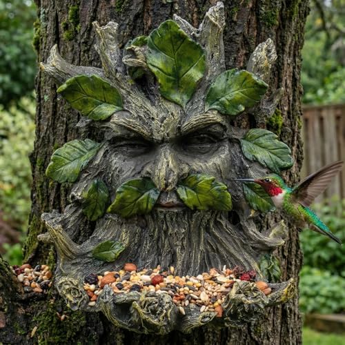 Elenon Old Man Tree Face Statue for Outdoor with Bird Feeder, Hand Painted Garden Decor Tree Hugger Whimsical Yard Art Sculpture Gift by ELENONSTATUE