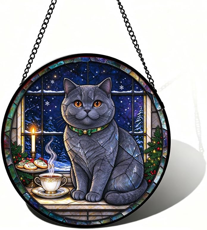 Stained Glass Window Hanging British Shorthair Cat Suncatcher Gifts 11.8" by Unknown