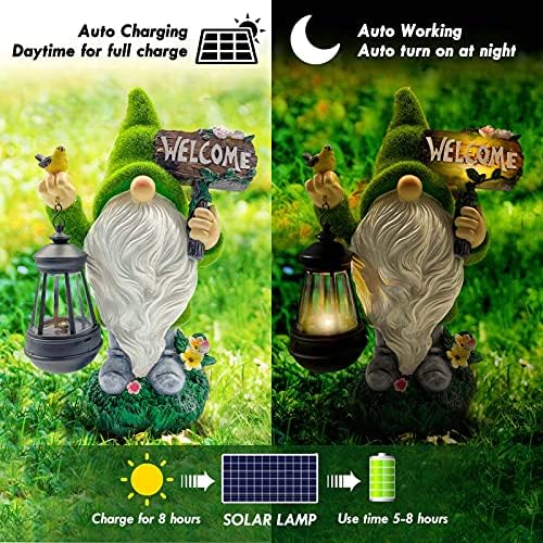 Lovinland Garden Gnome Statue Outdoor Decor Large Flocked Resin Gnome Figurine with Solar Light Holding Lantern Welcome Sign Garden Yard Decorations Dwarf Sculpture for Outside Patio Porch Lawn Decor - Image 3