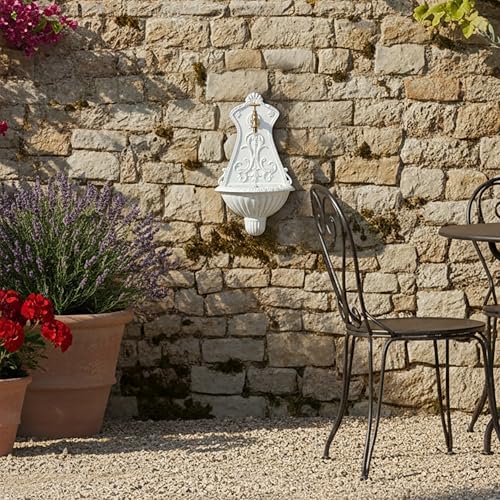 Relaxdays Wall Fountain, Antique Design, Basin & Tap, Water, for Garden & Patio, 42 x 24.5 x 11.5 cm, Cast Iron, White, Brass - Image 3