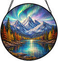 Stained Glass Window Hanging Suncatcher - 9.8 Inch Aurora Borealis Mountains Lake Colorful Glass Panel Sun Catcher for Window, Window Hanging Decor for Home, Housewarming Gift by Unknown