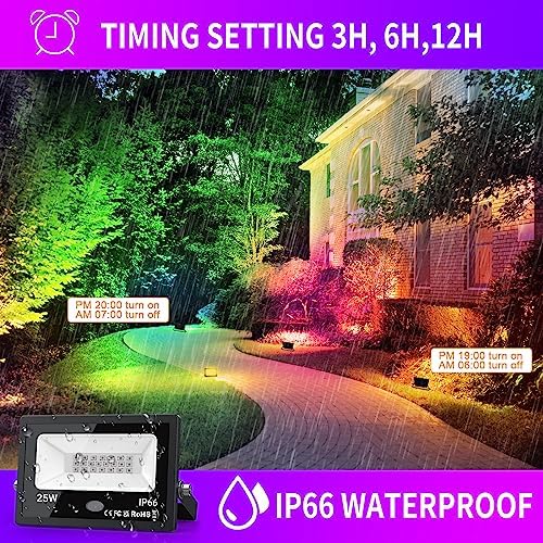 Upgraded LED Flood Light Outdoor 25W 4 Pack, DIY Color Changing Christmas Lights Outdoor Patio Floodlights with Remote, IP66 Waterproof RGB Spot Light Timing Uplights for Events Party Stage Light - Image 2