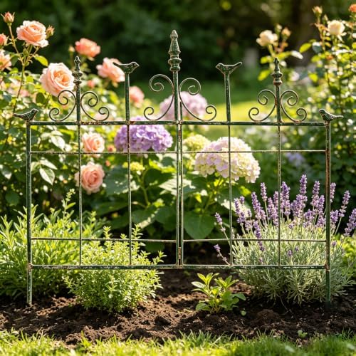 Vintage Distressed Green Metal Garden Fence Panels, 25.6" W x 23.2" H Rustic Cast Iron Picket Fence, Outdoor Landscape Edging Yard Stakes for Flower Bed & Lawn Border by Unknown