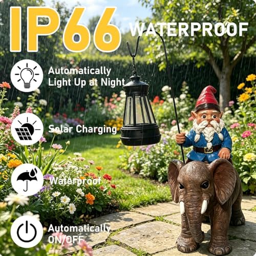 Garden Gnome Riding Elephant Statue Decoration, Funny Resin Solar Gnome with Hanging Lantern for Lawn Patio Yard Garden Outdoor Decor, Gifts for Mom Women and Men (Gnome-G) - Image 3