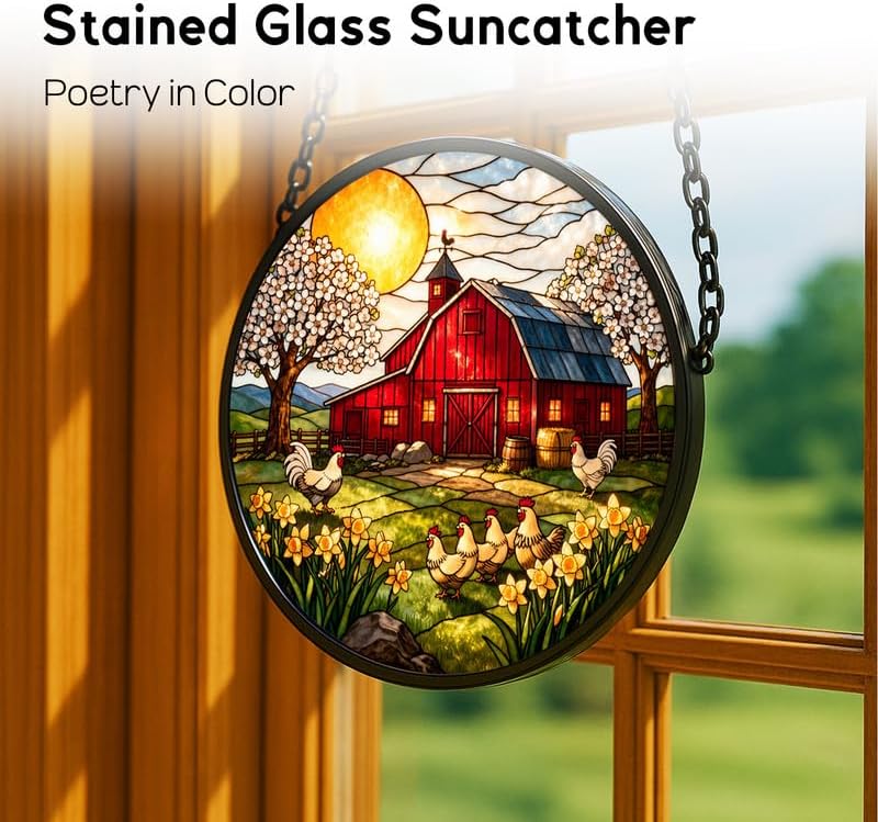 Stained Glass Window Hanging，Barn & Chickens 11.8in Sun Catchers Indoor Window, Home Decor Inside and Outside the Cottage, Gifts for Women - Image 2
