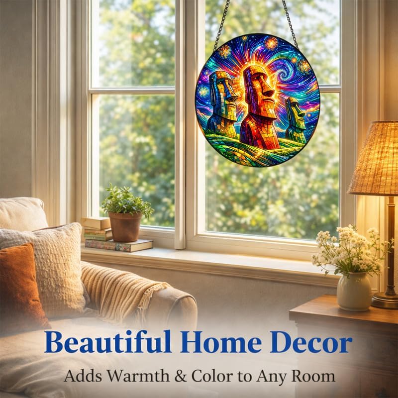 Stained Glass Window Hanging-11.8" Moai Statue Suncatcher Glass Panel,Colorful Easter Island Head Art Decor,Home Decorative Hanging Ornament for Kitchen or Garden,Ideal Gift for Mother,Wife or Women - Image 5
