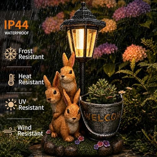 Solar Garden Statues Bunny Decor, 12.7" Upgraded Outdoor Rabbit Figurine with Welcome Planter & 3-Panel LED Lantern, Waterproof Resin Animal Yard Art Sculpture, Gardening Gifts for Women Mom Patio - Image 6