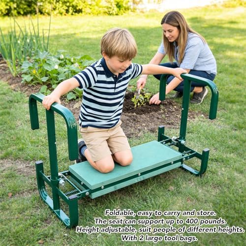 Garden Kneeler Seat with 2 Tool Pouches Height Adjustable Foldable Gardening Stool Bench for Kneeling and Sitting (Green) - Image 5