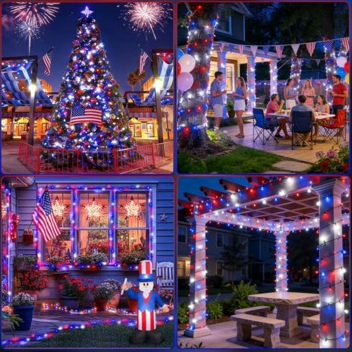 Solar String Lights Outdoor 2 Pack 480 LED Christmas Lights Red White Blue - Image 4