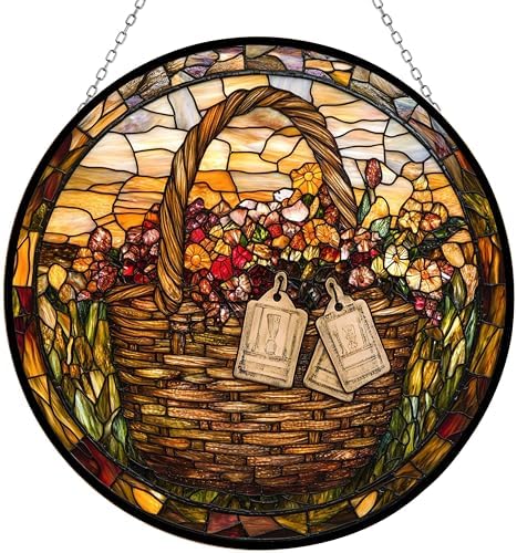 9.84 Inch Boho Memorial Day Picnic Basket with Dog Tags Stained Glass Window Hanging Sun Catcher Halloween Haning Ornament Decoration Christmas Birthday Gifts for Lover by Unknown