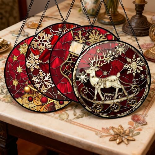DASTOLL Stained Glass Window Hanging 4 Pcs Set Red Christmas Elk Snowflakes Large 11.8" - Deer Suncatcher Door Garden Sun Catcher Decor Birthday for Mom Woman Nana Men Friend - Image 2