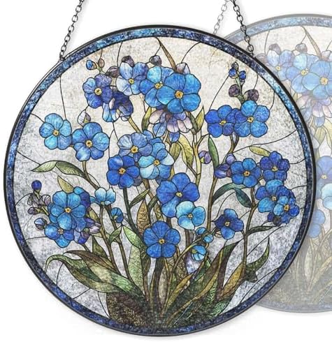 9.84 Inch Stained Glass Window Hanging Forgetmenot Sun Catchers Blue Floral Suncatchers for Windows Hanging Stain Glass Decoration for Home Decor Garden Outdoor Indoor Window Decor Gift by Unknown