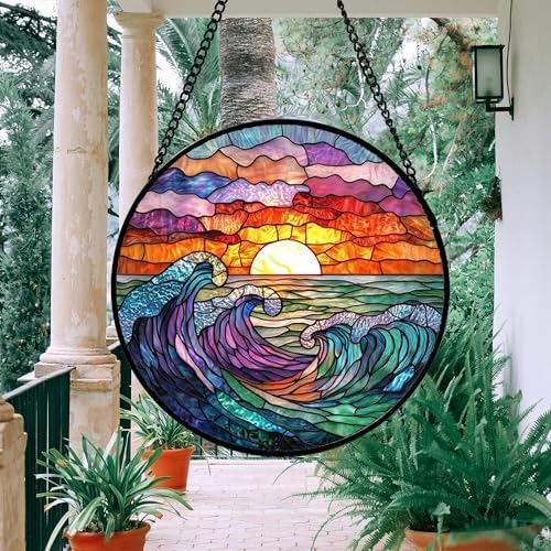 Clouds and Sea Waves Stained Glass Window Hanging Suncatcher Gifts 15" - Image 3