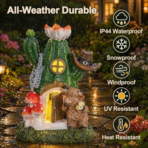Fairy House Outdoor Figurine Lights, Highland Cow Garden Statue and Solar Cactus Mushroom House for Yard Patio Lawn Decor, Fairy Houses for Outside, Unique Garden Gifts for Women Mom - Image 3