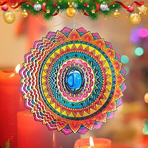 FONMY Wind Spinner 3D Stainless Steel Christmas Decoration Room Decor Indoor/Outdoor Garden Decoration Hanging Ornaments Kinetic Yard Art Decorations 12 inches Multi Red Mandala Wind Spinners - Image 2