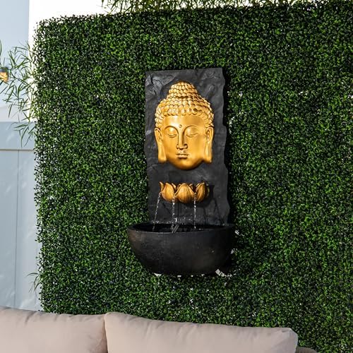 XBrand 30 in H Fiber Resin Wall Buddha Zen Outdoor Garden Water Fountain w/Warm LED Light, Gold - Image 2