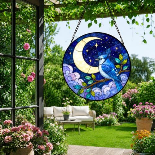 Blue Jay Moon Stained Glass Window Hanging with Metal Chain - Image 7