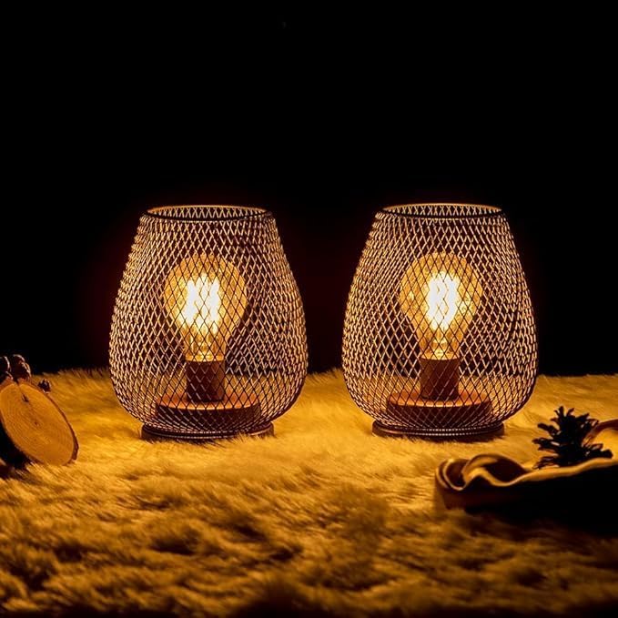 Set of 6 Battery Operated Lamp LED Table Lantern, Brown Metal Cage Cordless Lamps with LED Bulb，Vintage Decorative Outdoor Lantern for Weddings, Parties, Patio, Events for Indoors Shelf Decor - Image 2
